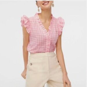 J. Crew Pink Gingham Ruffle Blouse size Small
